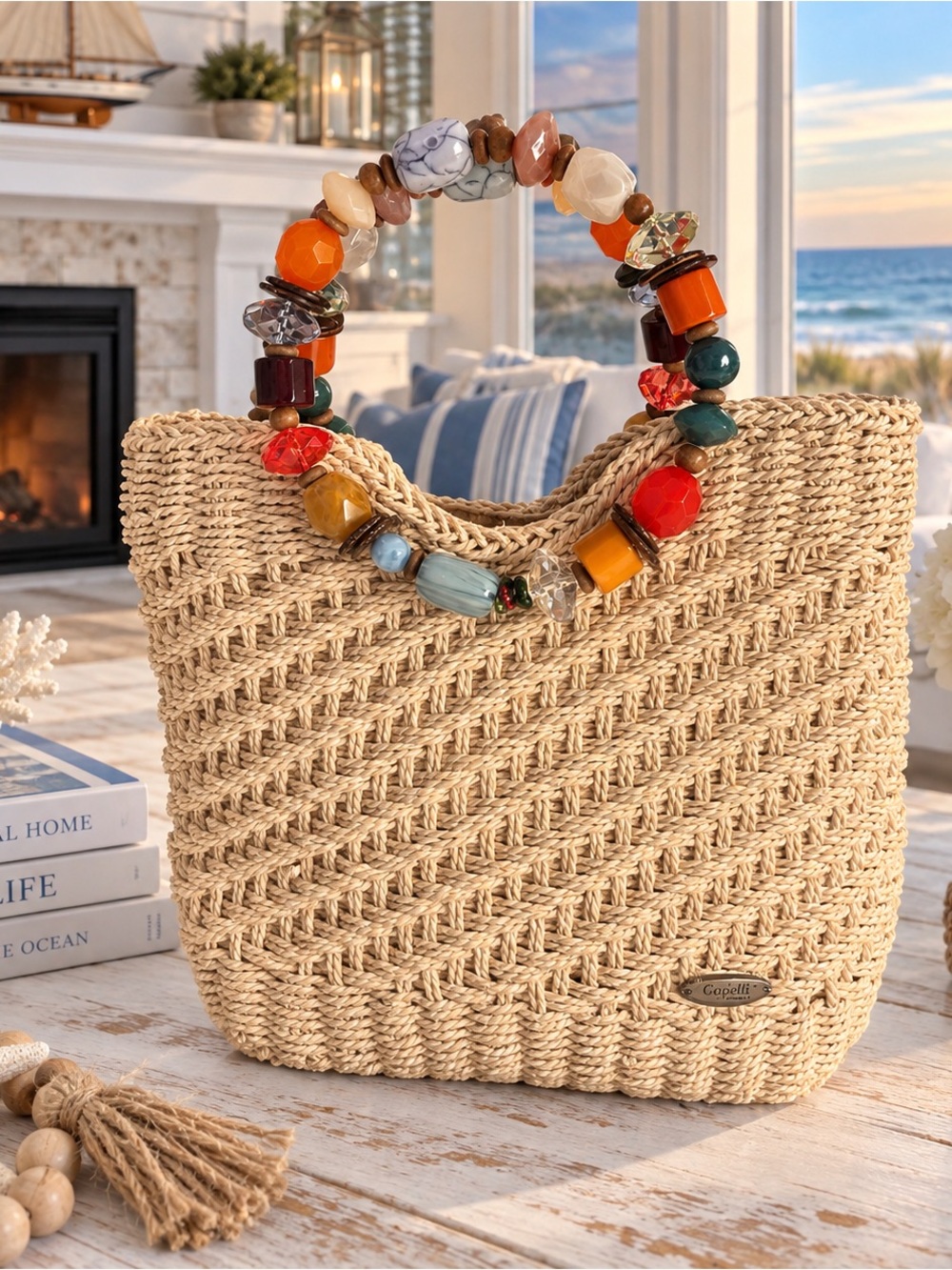 Capelli of New York Vintage Natural Straw Tote with Multicolor Beaded Handles